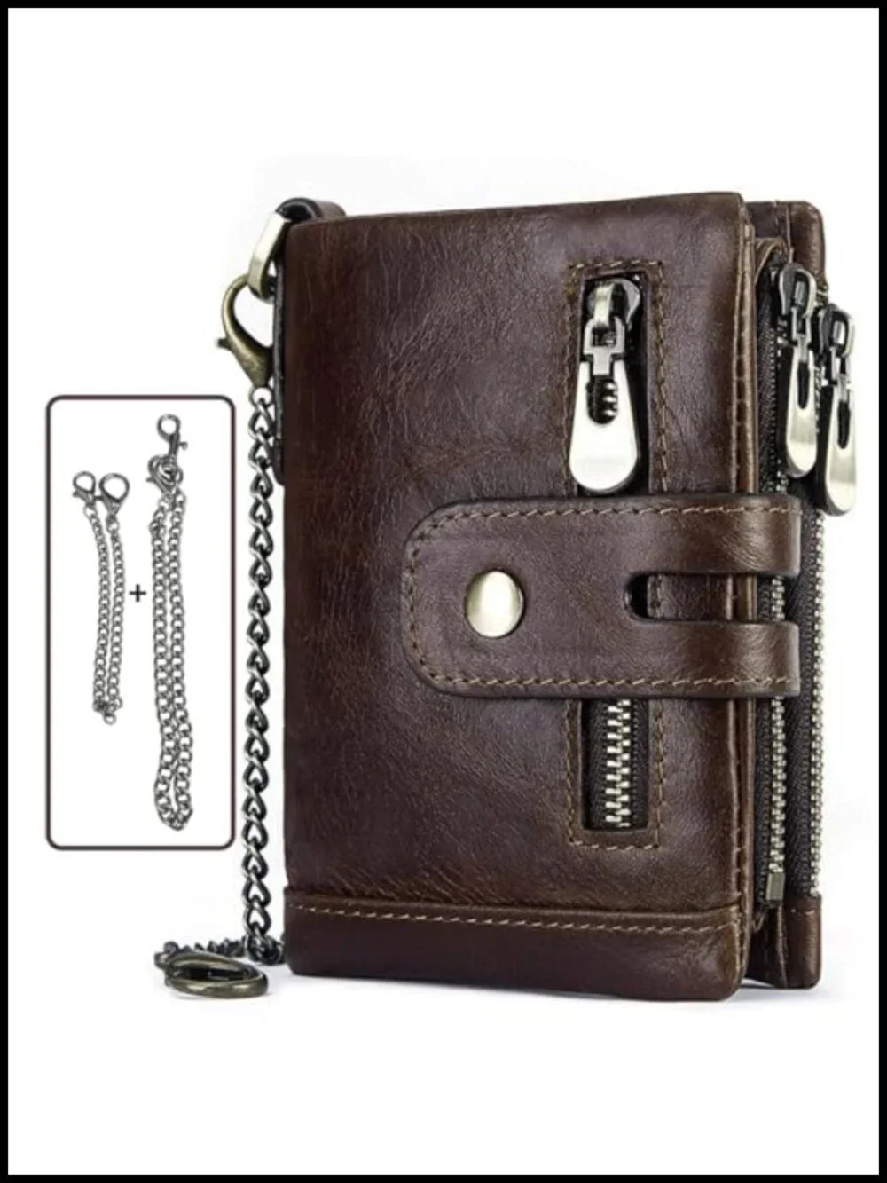 Genuine Leather Anti-Theft Wallet with Chain Men Biker Trifold RFID Wallet